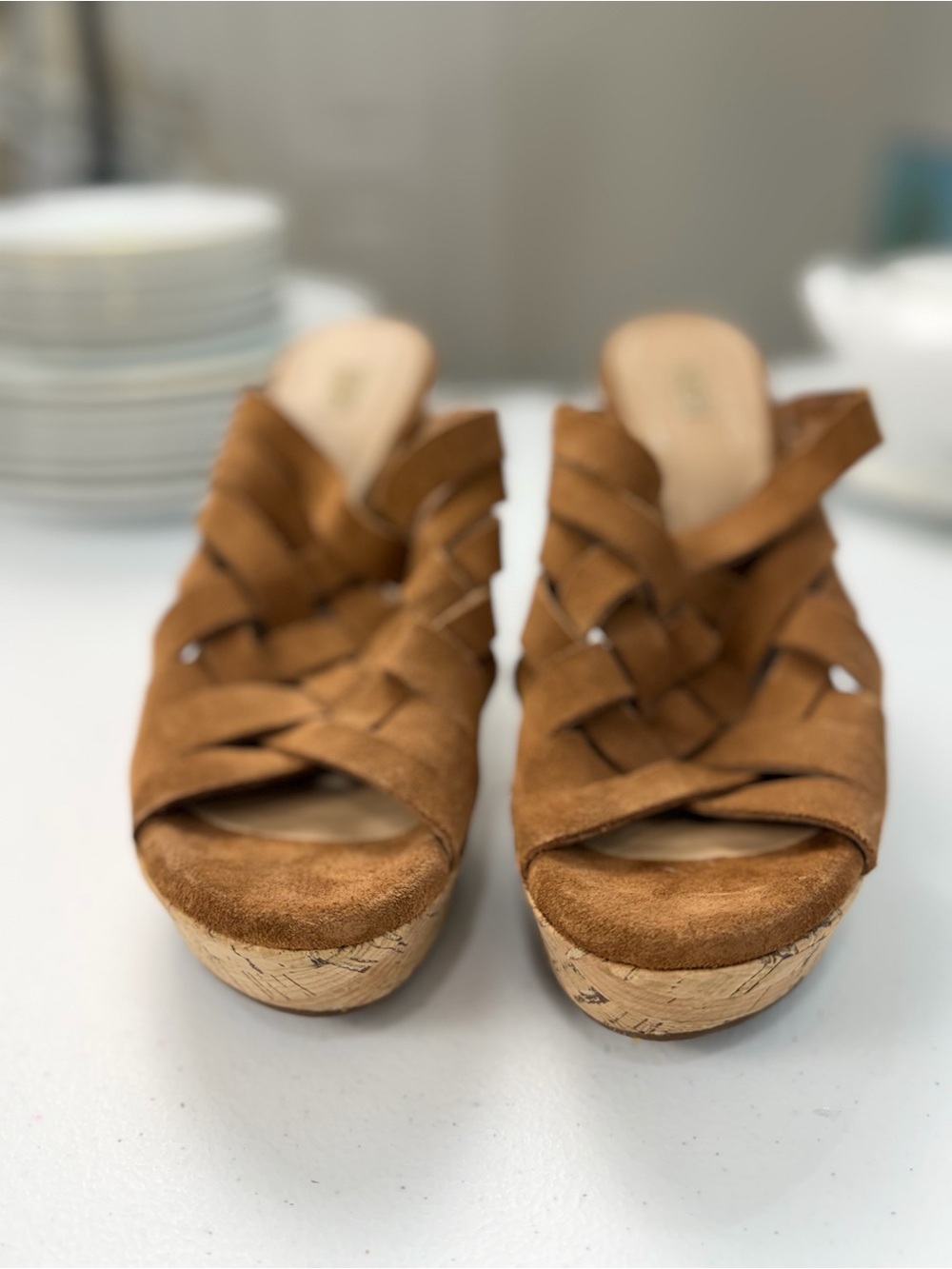 UGG Marta Chestnut Suede Woven Cork Wedge Sandals Women’s Size 10